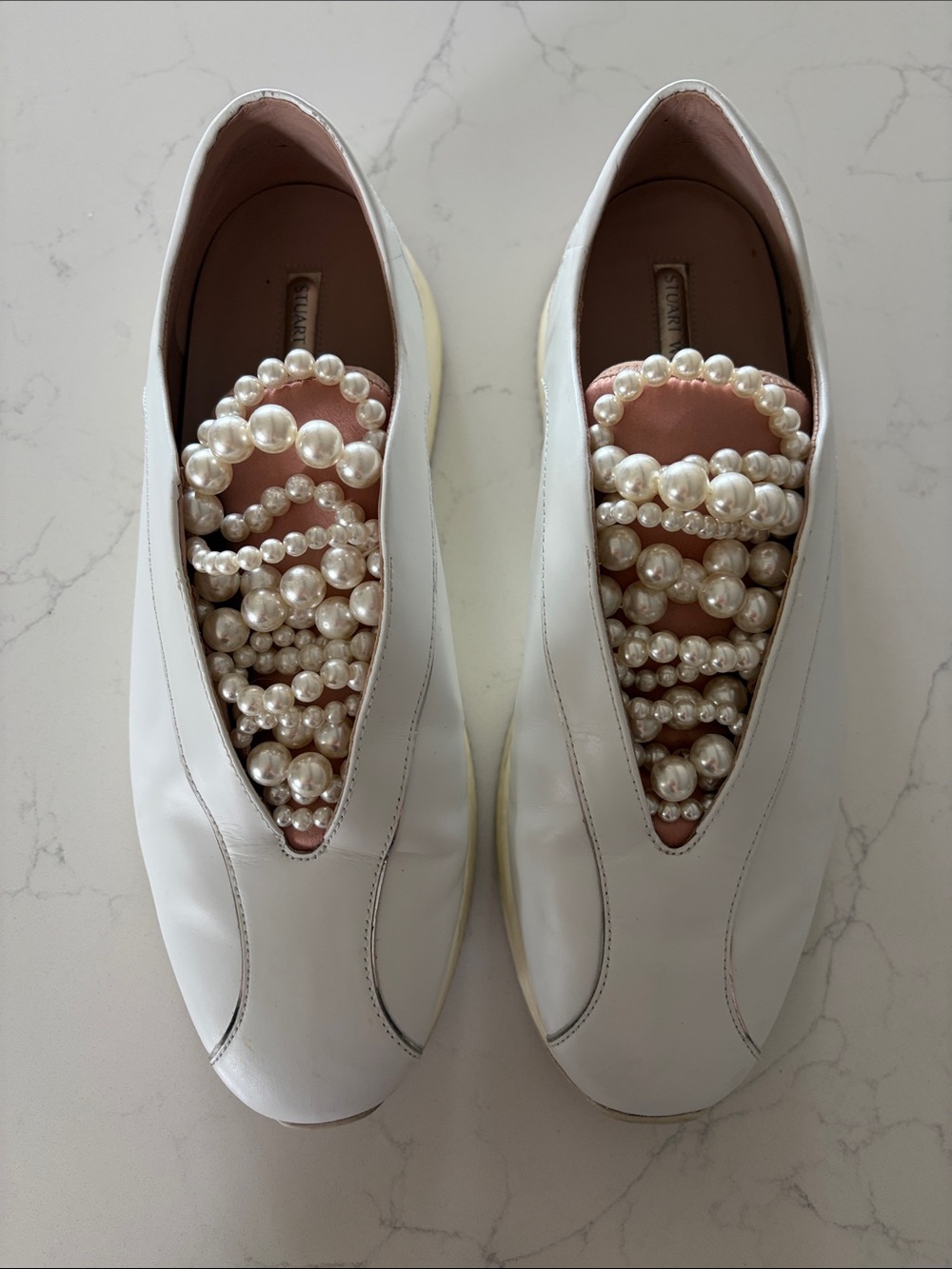 White Pearl-Embellished Women’s Slip-On Shoes Stuart Weitzman
